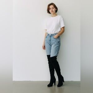 Black Faux Suede Mixed Media Over-The-Knee Boots Block Heel